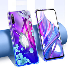 Custodia Silicone Trasparente Ultra Sottile Cover Fiori T01 per Huawei Y9s Blu