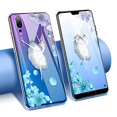 Custodia Silicone Trasparente Ultra Sottile Cover Fiori T02 per Huawei P20 Pro Blu