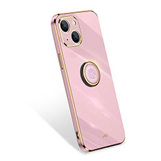 Custodia Silicone Ultra Sottile Morbida Cover con Anello Supporto per Apple iPhone 15 Plus Oro Rosa