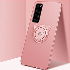 Custodia Silicone Ultra Sottile Morbida Cover con Magnetico Anello Supporto A01 per Huawei Nova 7 5G Oro Rosa