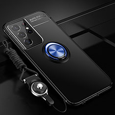 Custodia Silicone Ultra Sottile Morbida Cover con Magnetico Anello Supporto A05 per Samsung Galaxy S21 Ultra 5G Blu e Nero