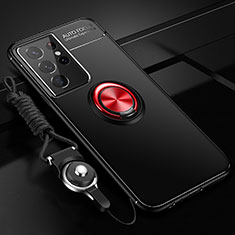 Custodia Silicone Ultra Sottile Morbida Cover con Magnetico Anello Supporto A05 per Samsung Galaxy S22 Ultra 5G Rosso e Nero