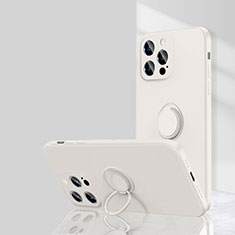 Custodia Silicone Ultra Sottile Morbida Cover con Magnetico Anello Supporto G01 per Apple iPhone 15 Pro Max Bianco