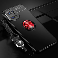 Custodia Silicone Ultra Sottile Morbida Cover con Magnetico Anello Supporto JM3 per Oppo Find X5 5G Rosso e Nero