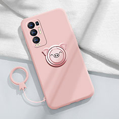 Custodia Silicone Ultra Sottile Morbida Cover con Magnetico Anello Supporto per Oppo Reno5 Pro+ Plus 5G Rosa