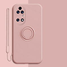 Custodia Silicone Ultra Sottile Morbida Cover con Magnetico Anello Supporto S01 per Huawei P50 Pro Rosa