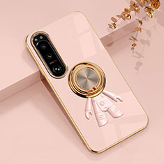 Custodia Silicone Ultra Sottile Morbida Cover con Magnetico Anello Supporto S01 per Sony Xperia 1 IV Rosa