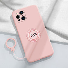 Custodia Silicone Ultra Sottile Morbida Cover con Magnetico Anello Supporto S02 per Oppo Find X3 5G Rosa