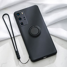 Custodia Silicone Ultra Sottile Morbida Cover con Magnetico Anello Supporto T02 per Huawei P40 Pro Nero