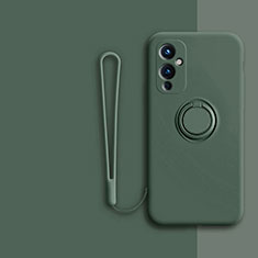 Custodia Silicone Ultra Sottile Morbida Cover con Magnetico Anello Supporto Z01 per OnePlus 9 5G Verde Notte