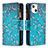 Custodia Portafoglio In Pelle Fiori Cover con Supporto L03 per Apple iPhone 14 Ciano