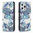 Custodia Portafoglio In Pelle Fiori Cover con Supporto per Apple iPhone 13 Pro Blu