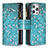 Custodia Portafoglio In Pelle Fiori Cover con Supporto per Apple iPhone 13 Pro Ciano