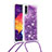 Custodia Silicone Cover Morbida Bling-Bling con Cinghia Cordino Mano S03 per Samsung Galaxy A30S Viola