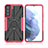 Custodia Silicone e Plastica Opaca Cover con Magnetico Anello Supporto T09 per Samsung Galaxy S21 5G Rosa Caldo