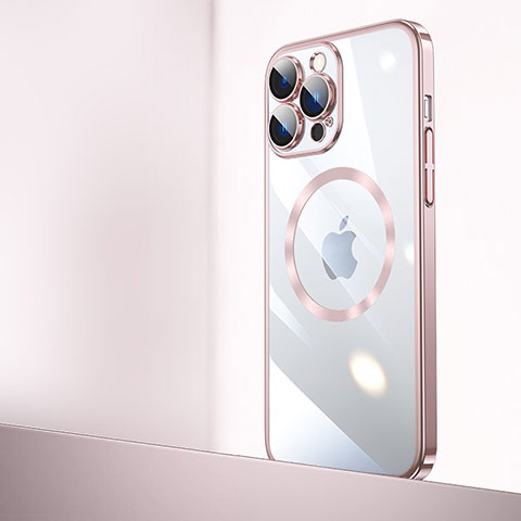 Cover Crystal Trasparente Rigida Cover con Mag-Safe Magnetic QC2 per Apple iPhone 14 Pro Max Oro Rosa