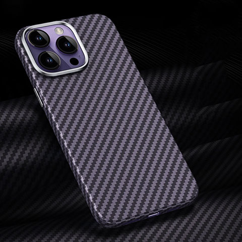 Custodia Fibra di Carbonio Lusso Morbida Spigato Cover T01 per Apple iPhone 14 Pro Max Viola