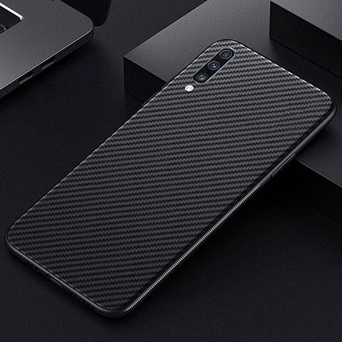 Custodia Fibra di Carbonio Lusso Morbida Spigato Cover T01 per Samsung Galaxy A70 Nero