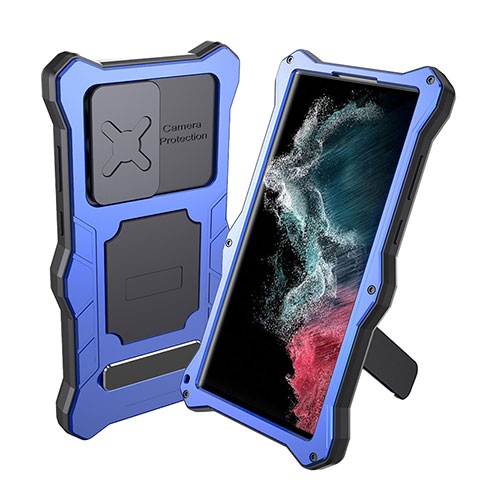 Custodia Impermeabile Silicone e Plastica Opaca Waterproof Cover 360 Gradi con Supporto per Samsung Galaxy S22 Ultra 5G Blu