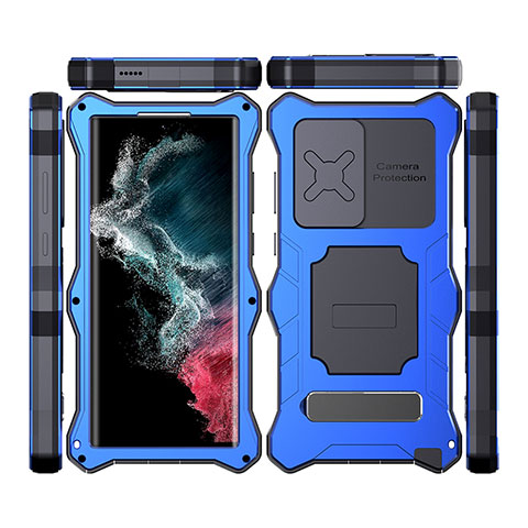 Custodia Impermeabile Silicone e Plastica Opaca Waterproof Cover 360 Gradi con Supporto T02 per Samsung Galaxy S22 Ultra 5G Blu