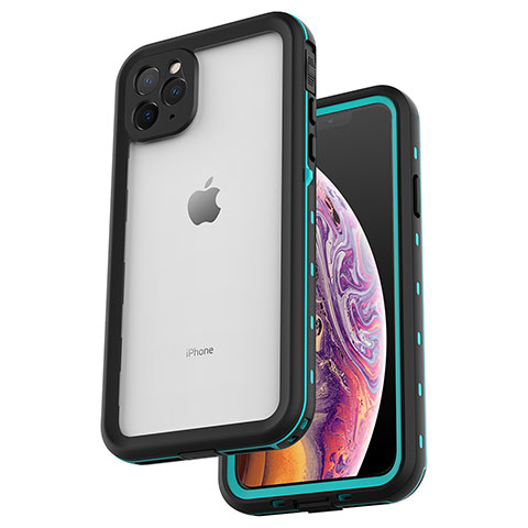 Custodia Impermeabile Silicone e Plastica Opaca Waterproof Cover 360 Gradi W04 per Apple iPhone 11 Pro Max Ciano