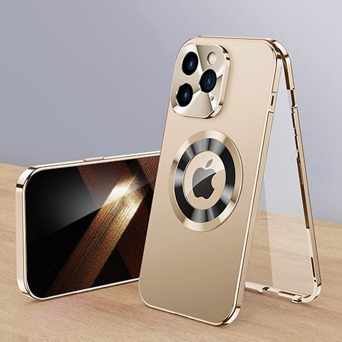 Custodia Lusso Alluminio Cover 360 Gradi con Mag-Safe Magnetic P01 per Apple iPhone 15 Pro Max Oro