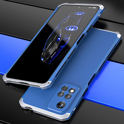 Custodia Lusso Alluminio Cover 360 Gradi P01 per Xiaomi Redmi Note 11 Pro+ Plus 5G Argento e Blu