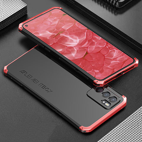 Custodia Lusso Alluminio Cover 360 Gradi per Oppo Reno6 5G Rosso e Nero