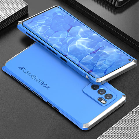 Custodia Lusso Alluminio Cover 360 Gradi per Oppo Reno6 Pro 5G India Argento e Blu