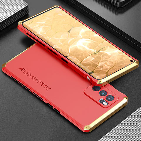 Custodia Lusso Alluminio Cover 360 Gradi per Oppo Reno6 Pro 5G India Oro e Rosso