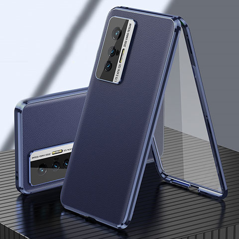 Custodia Lusso Alluminio e Pelle Cover 360 Gradi per Vivo X70 5G Blu
