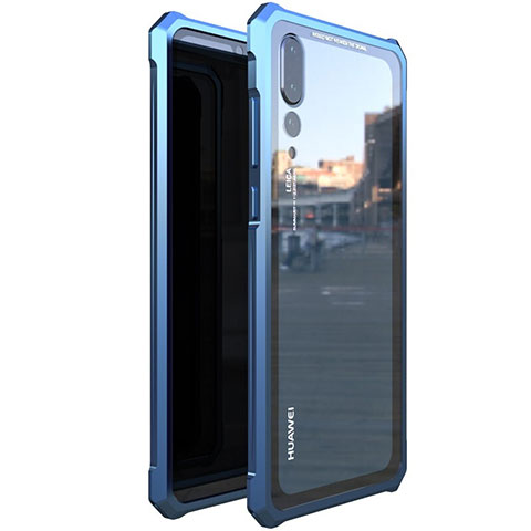 Custodia Lusso Alluminio Laterale Specchio 360 Gradi Cover D01 per Huawei P20 Pro Blu