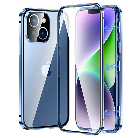 Custodia Lusso Alluminio Laterale Specchio 360 Gradi Cover LK2 per Apple iPhone 14 Blu