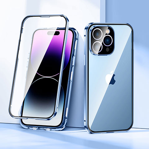 Custodia Lusso Alluminio Laterale Specchio 360 Gradi Cover LK2 per Apple iPhone 14 Pro Blu