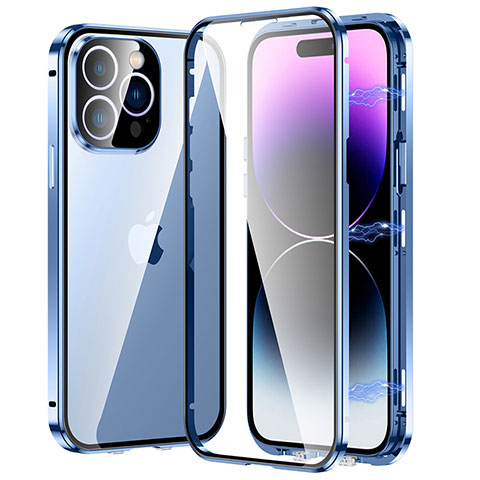 Custodia Lusso Alluminio Laterale Specchio 360 Gradi Cover LO1 per Apple iPhone 14 Pro Max Blu