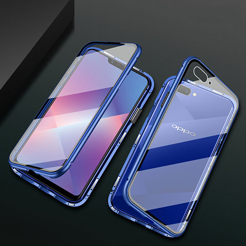 Custodia Lusso Alluminio Laterale Specchio 360 Gradi Cover M01 per Oppo A5 Blu