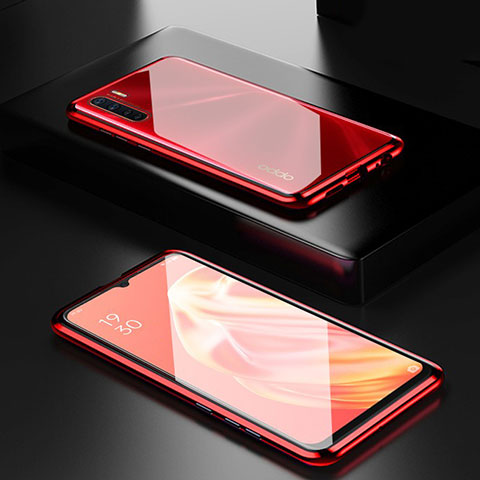 Custodia Lusso Alluminio Laterale Specchio 360 Gradi Cover M01 per Oppo A91 Rosso