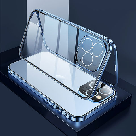Custodia Lusso Alluminio Laterale Specchio 360 Gradi Cover M02 per Apple iPhone 13 Pro Blu