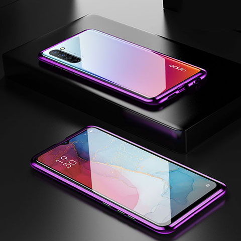 Custodia Lusso Alluminio Laterale Specchio 360 Gradi Cover M03 per Oppo F15 Viola