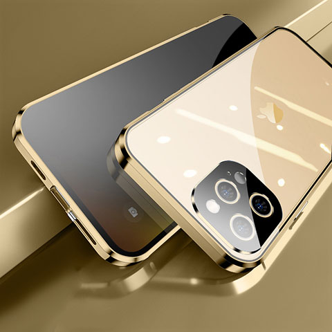 Custodia Lusso Alluminio Laterale Specchio 360 Gradi Cover M04 per Apple iPhone 15 Pro Max Oro