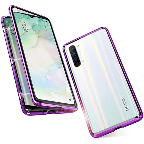 Custodia Lusso Alluminio Laterale Specchio 360 Gradi Cover M05 per Oppo F15 Viola