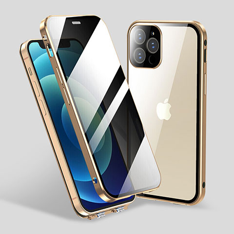 Custodia Lusso Alluminio Laterale Specchio 360 Gradi Cover M06 per Apple iPhone 13 Pro Max Oro