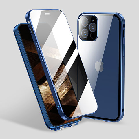 Custodia Lusso Alluminio Laterale Specchio 360 Gradi Cover M06 per Apple iPhone 16 Pro Max Blu