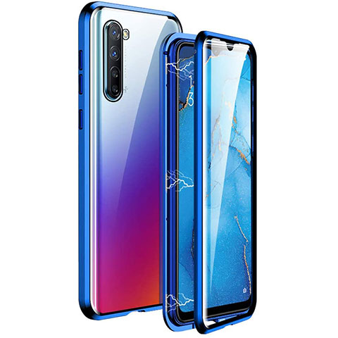 Custodia Lusso Alluminio Laterale Specchio 360 Gradi Cover M06 per Oppo Reno3 Blu