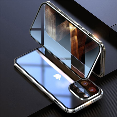 Custodia Lusso Alluminio Laterale Specchio 360 Gradi Cover M08 per Apple iPhone 15 Pro Argento