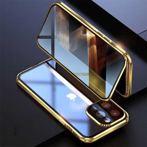 Custodia Lusso Alluminio Laterale Specchio 360 Gradi Cover M08 per Apple iPhone 15 Pro Max Oro