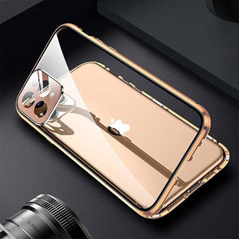 Custodia Lusso Alluminio Laterale Specchio 360 Gradi Cover M09 per Apple iPhone 13 Pro Max Oro