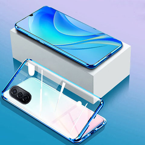 Custodia Lusso Alluminio Laterale Specchio 360 Gradi Cover P01 per Huawei Nova Y70 Blu