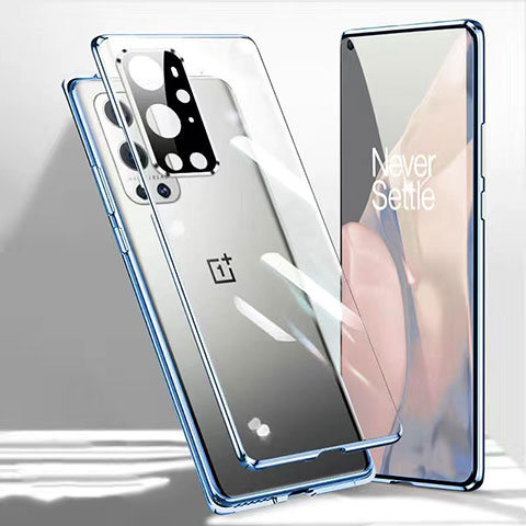 Custodia Lusso Alluminio Laterale Specchio 360 Gradi Cover P01 per OnePlus 9 Pro 5G Blu