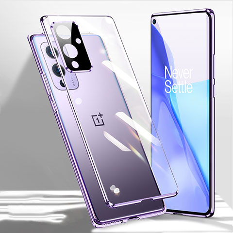 Custodia Lusso Alluminio Laterale Specchio 360 Gradi Cover P01 per OnePlus 9 Pro 5G Viola